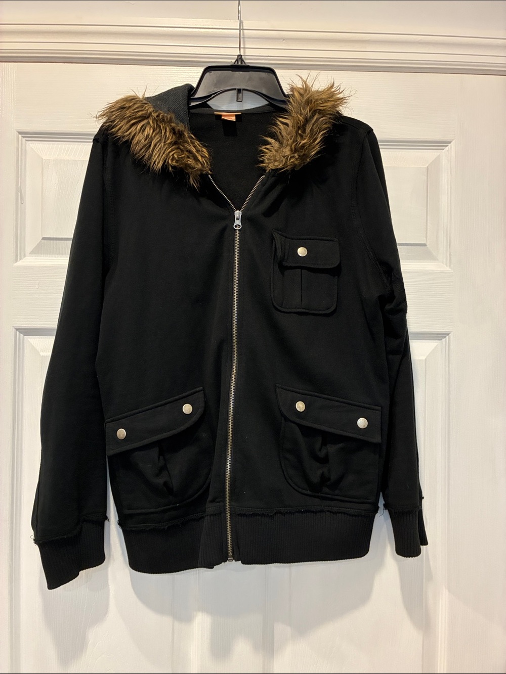 Mossimo Supply Co. Black Hooded Jacket with Faux-Fur Trim